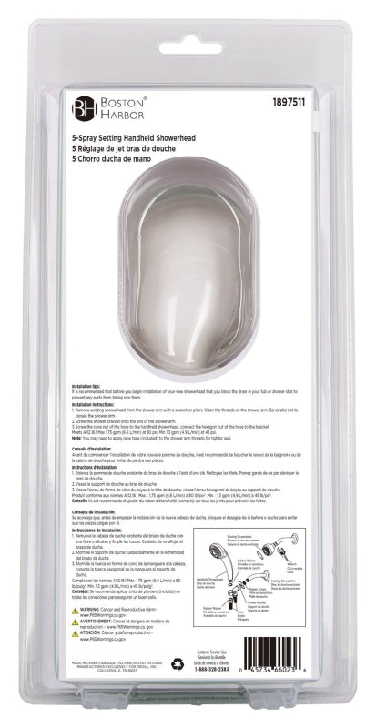 Boston Harbor S2254G22WH Handheld Showerhead, 1.75 gpm, 1/2-14 NPT in Connection, Threaded, 5 -Spray Function, PVC