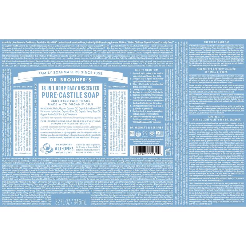 Dr. Bronner's 18-in-1 Baby Organic No Scent Pure-Castile Liquid Soap 16 oz 1 pk, Pack of 12