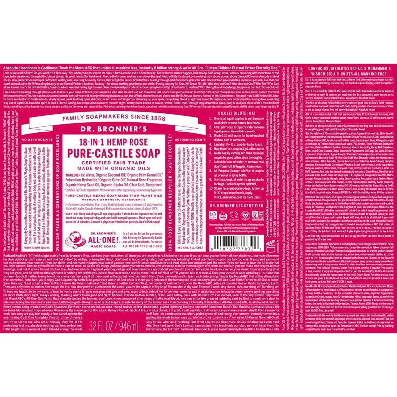 Dr. Bronner's 18-in-1 Organic Hemp Rose Scent Pure-Castile Liquid Soap 16 oz 1 pk, Pack of 12