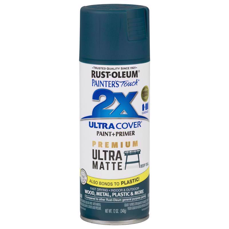 Rust-Oleum Painter's Touch 2X Ultra Cover Ultra Matte Deep Teal Paint+Primer Spray Paint 12 oz, Pack of 6