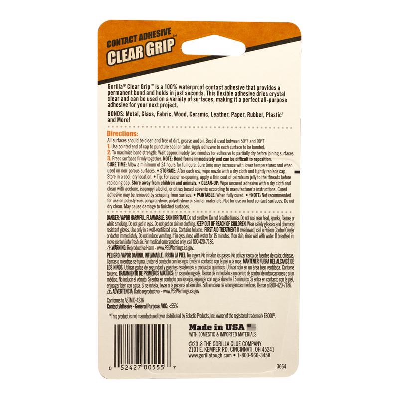 Gorilla Clear Grip High Strength Clear Contact Adhesive 4 pk