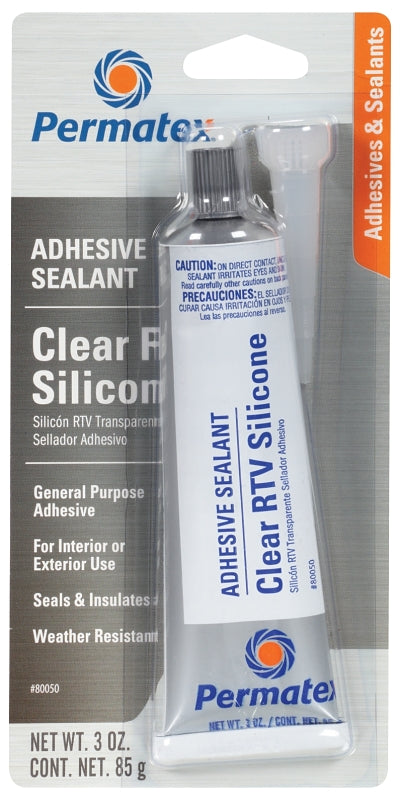 Permatex 80050 Silicone Adhesive Sealant, Clear, 3 oz Tube, Paste, Acetic Acid