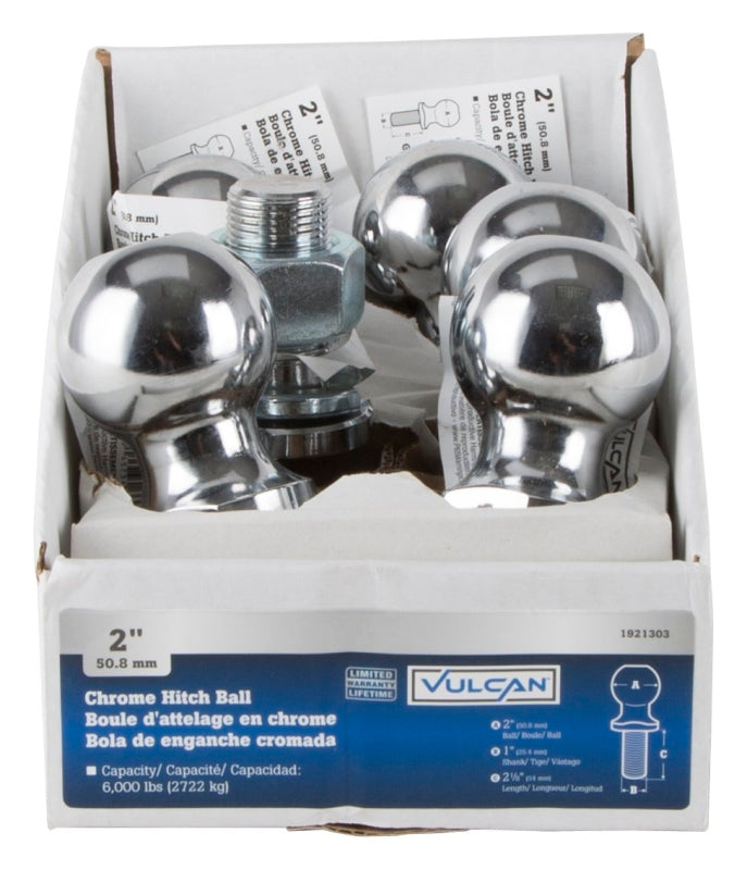 Vulcan HBB10 Hitch Ball, 2 in Dia Ball, 1 in Dia Shank, 6,000 lb Gross Towing, Pack of 6