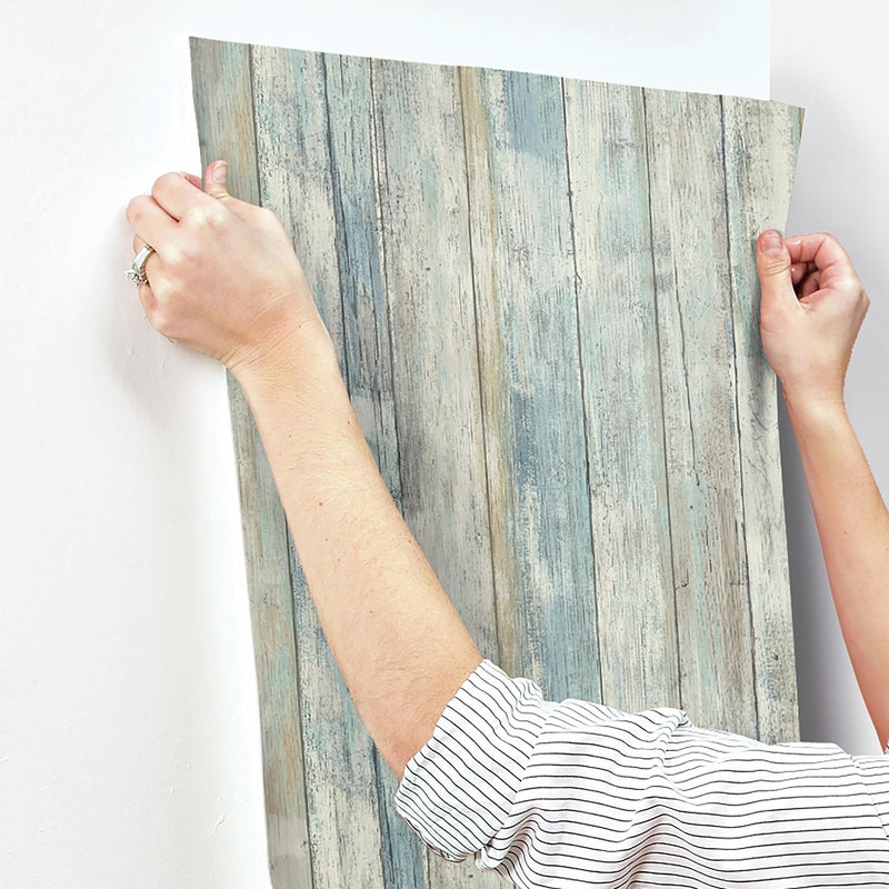 RoomMates 20.5 in. W X 16.5 in. L Distressed Wood Blue Peel and Stick Wallpaper, Pack of 4
