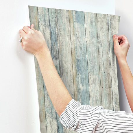 RoomMates 20.5 in. W X 16.5 in. L Distressed Wood Blue Peel and Stick Wallpaper, Pack of 4