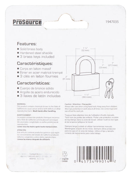 ProSource TGE-BP403L Padlock, Standard Shackle, 3/16 in Dia Shackle, 1 in H Shackle, Steel Shackle, Brass Body