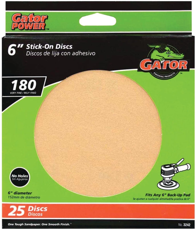 Gator 3242 Sanding Disc, 6 in Dia, Coated, 180 Grit, Very Fine, Aluminum Oxide Abrasive, Paper Backing, 25/PK