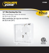 PowerZone F-1022 Box Fan, 120 VAC, 10 in Dia Blade, 3-Blade, 3-Speed, White