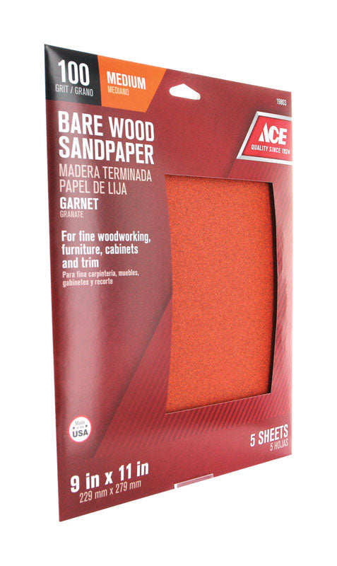 Ace 11 in. L X 9 in. W 100 Grit Garnet Sandpaper 5 pk, Pack of 10