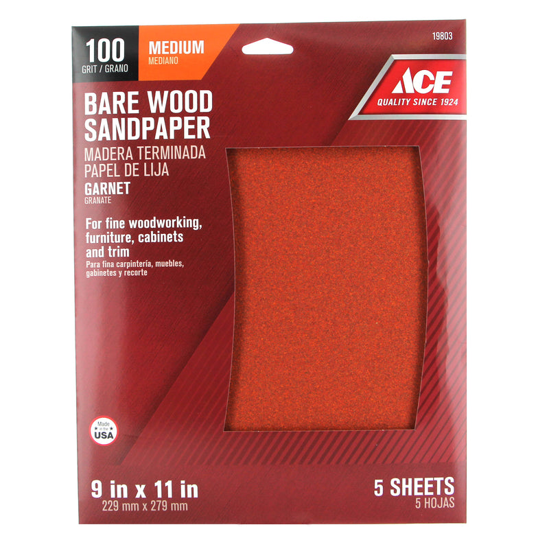 Ace 11 in. L X 9 in. W 100 Grit Garnet Sandpaper 5 pk, Pack of 10