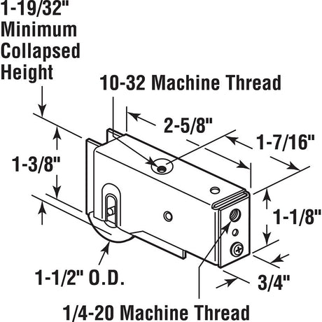 Prime-Line D 1831 Roller Assembly, 2-5/8 in L x 3/4 in W x 1-1/8 in H Dimensions, 1-1/2 in Dia Roller, 5/16 in W Roller
