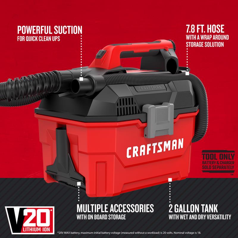 Craftsman V20 CMCV002B 2 gal Cordless Portable Wet/Dry Vacuum
