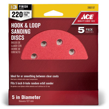 Ace 5 in. Aluminum Oxide Hook and Loop Sanding Disc 220 Grit Very Fine 5 pk, Pack of 5