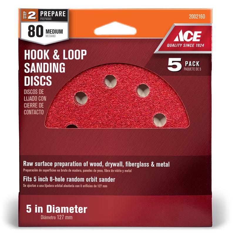 Ace 5 in. Aluminum Oxide Hook and Loop Sanding Disc 80 Grit Medium 5 pk, Pack of 5