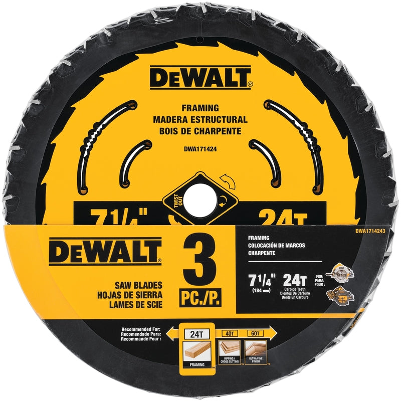 DeWalt 7-1/4 in. D X 5/8 in. Tungsten Carbide Circular Saw Blade 24 teeth 3 pk