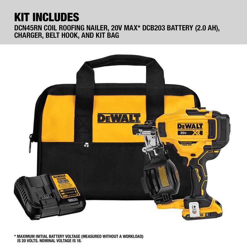 DeWalt 20V MAX Cordless 15 deg Coil Roofing Nailer Kit (Battery & Charger) 20 V