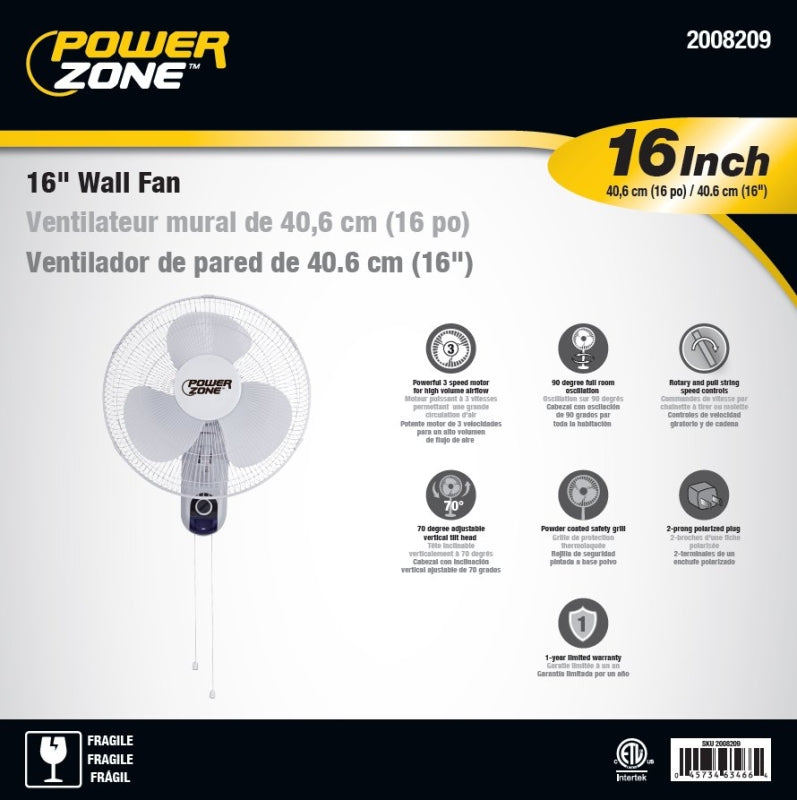 PowerZone HF-40W Wall-Mount Fan, 120 V, 16 in Dia Blade, 3-Blade, 3-Speed, White