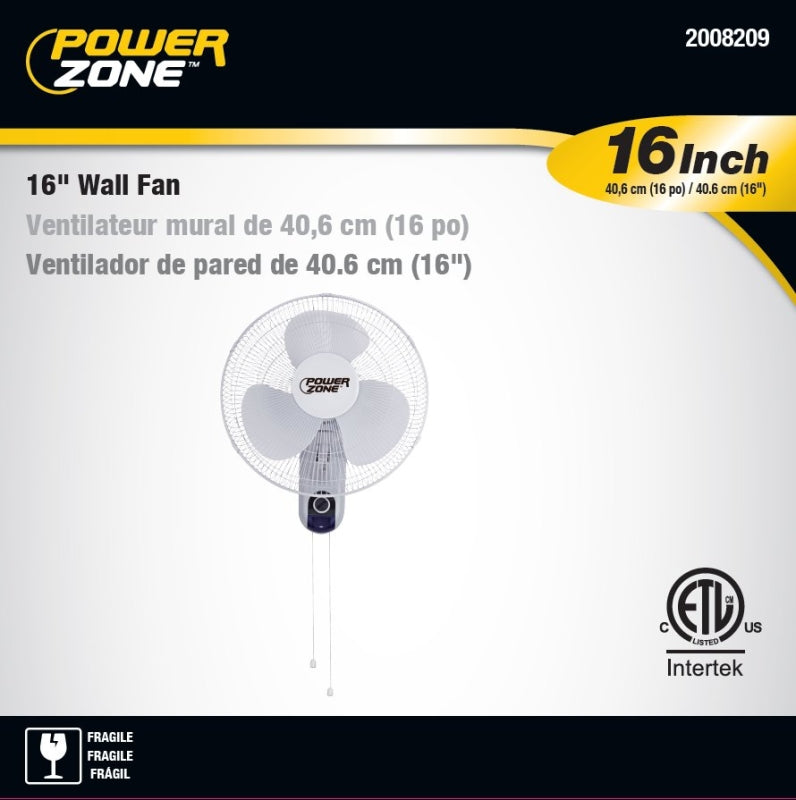 PowerZone HF-40W Wall-Mount Fan, 120 V, 16 in Dia Blade, 3-Blade, 3-Speed, White