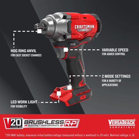 Craftsman V20 1/2 in. Cordless Brushless Impact Wrench Tool Only