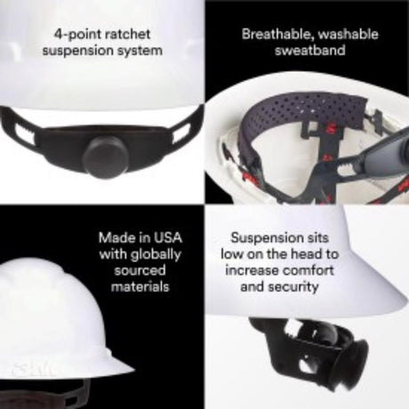 3M SecureFit 4-Point Ratchet Full Brim Hard Hat White