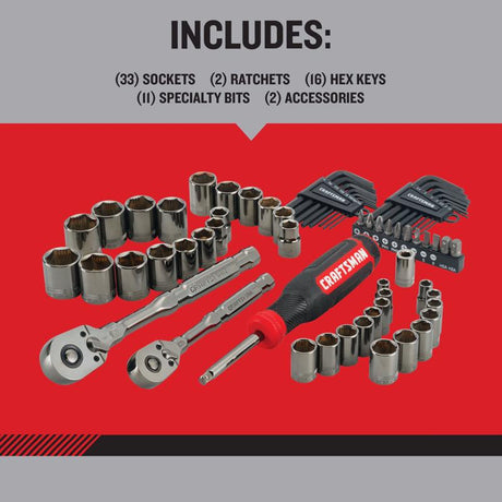 Craftsman OVERDRIVE 1/4 and 3/8 in. drive Metric/SAE 6 Point Mechanic's Tool Set 64 pc
