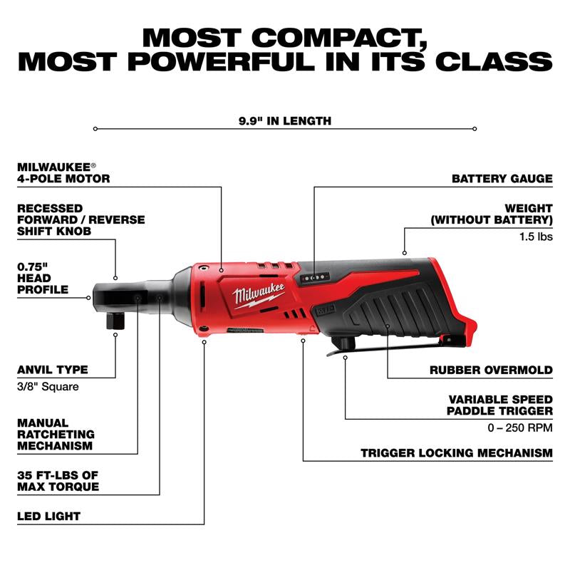 Milwaukee M12 1.5 amps 3/8 in. Cordless Brushed High Speed Ratchet Kit (Battery & Charger)