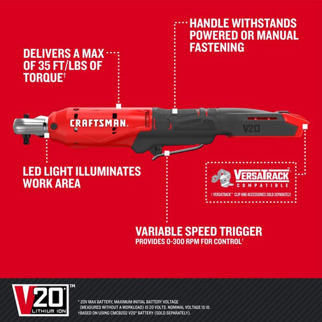 Craftsman V20 Versatrack 1/4 in. Brushed Cordless Ratchet Tool Only