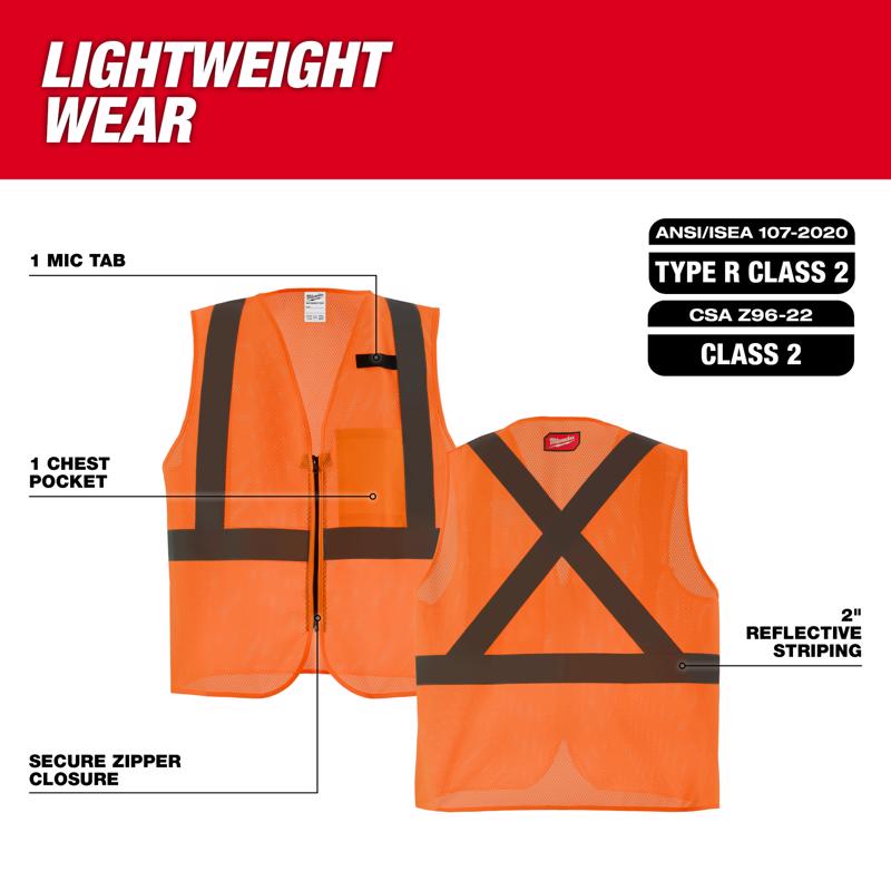 Milwaukee CSA Type R/Class 2 Reflective Mesh/One Pocket Safety Vest High Visibility Orange S/M