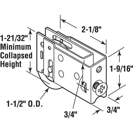 Prime-Line D 1822 Roller Assembly, 1-1/2 in Dia Roller, 5/16 in W Roller, Steel, Yellow, 1-Roller, Plain Back Mounting