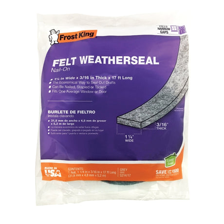Frost King S214/17H Door Weatherstrip, 1-1/4 in W, 3/16 in Thick, 17 ft L, Felt Cloth, Gray, Nail, Staple, Tack Mounting