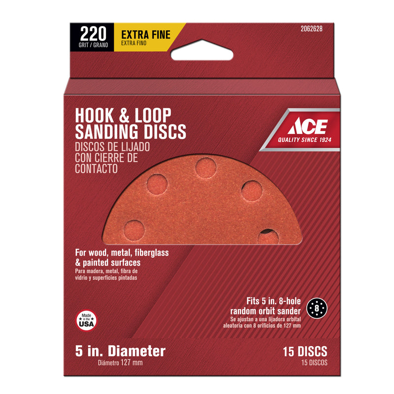 Ace 5 in. Aluminum Oxide Hook and Loop Sanding Disc 220 Grit Very Fine 15 pk