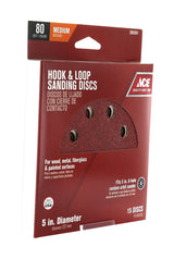 Ace 5 in. Aluminum Oxide Hook and Loop Sanding Disc 80 Grit Medium 15 pk