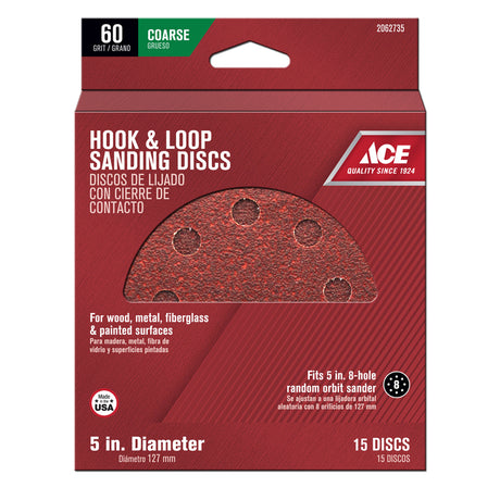 Ace 5 in. Aluminum Oxide Hook and Loop Sanding Disc 60 Grit Coarse 15 pk