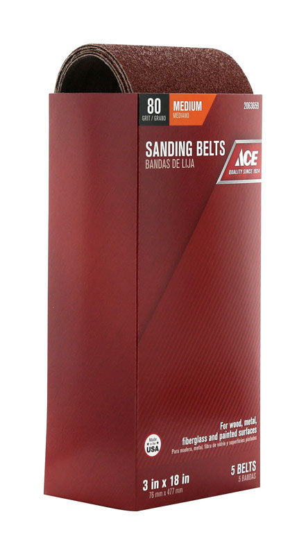 Ace 18 in. L X 3 in. W Aluminum Oxide Sanding Belt 80 Grit Medium 5 pc