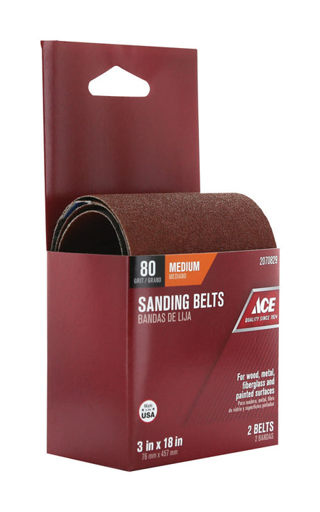 Ace 18 in. L X 3 in. W Aluminum Oxide Sanding Belt 80 Grit Medium 2 pc
