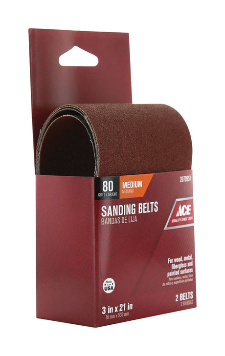 Ace 21 in. L X 3 in. W Aluminum Oxide Sanding Belt 80 Grit Medium 2 pc