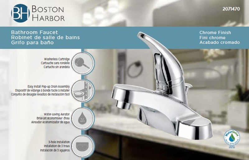 Boston Harbor TQ-F4510042CP Lavatory Faucet, 1.2 gpm, 1-Handle, 3-Faucet Hole, Metal/Plastic, Chrome Plated