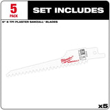 Milwaukee SAWZALL 5 in. Bi-Metal Plaster Reciprocating Saw Blade 6 TPI 5 pk