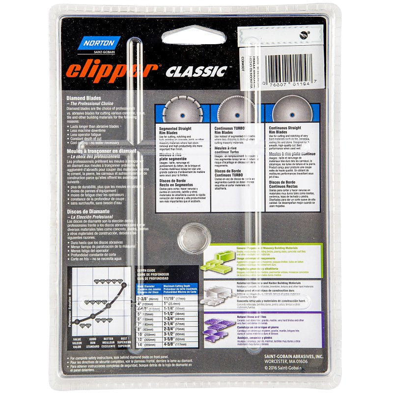 Norton Clipper Classic Series 07660701194 Diamond Saw Blade, 4-1/2 in Dia, 20 mm Arbor, Continuous Rim