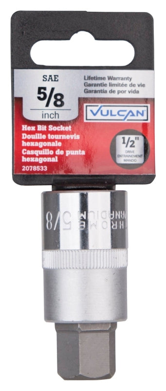 Vulcan 3506012313 Fractional Hex Bit Socket, 5/8 in Tip, 1/2 in Drive, Chrome, 2-1/2 in OAL