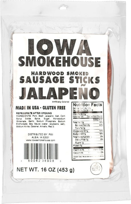 Iowa Smokehouse IS-16SSJ Sausage Snacks, Stick, Jalapeno, 16 oz