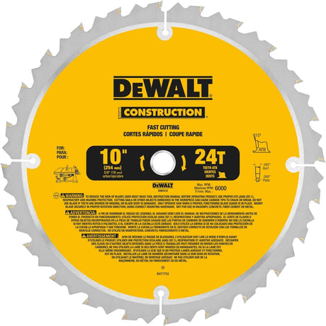 DeWALT DW3112 Saw Blade, 10 in Dia, 5/8 in Arbor, 24-Teeth, Carbide Cutting Edge