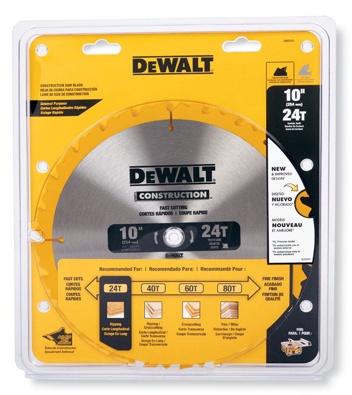 DeWALT DW3112 Saw Blade, 10 in Dia, 5/8 in Arbor, 24-Teeth, Carbide Cutting Edge