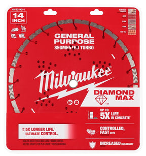 Milwaukee DIAMOND MAX 49-93-9014 Turbo General-Purpose Saw Blade, 14 in Dia, 1 in-20 mm Arbor, Segmented Rim