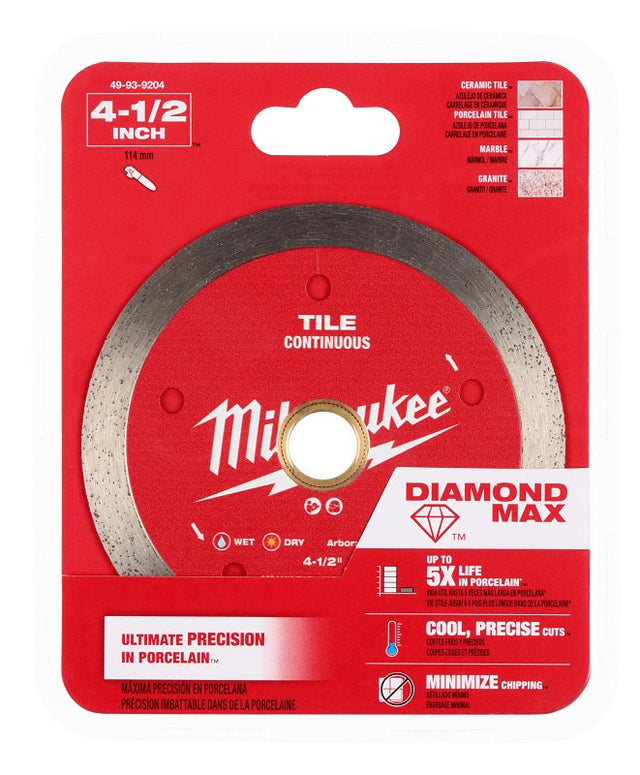 Milwaukee DIAMOND MAX 49-93-9204 Saw Blade, 4-1/2 in Dia, 7/8 in-20 mm-5/8 in Arbor, Continuous Rim