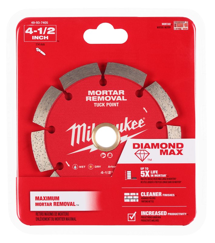 Milwaukee DIAMOND MAX 49-93-7405 Saw Blade, 4-1/2 in Dia, 7/8 in-20 mm-5/8 in Arbor, Tuck Point Rim