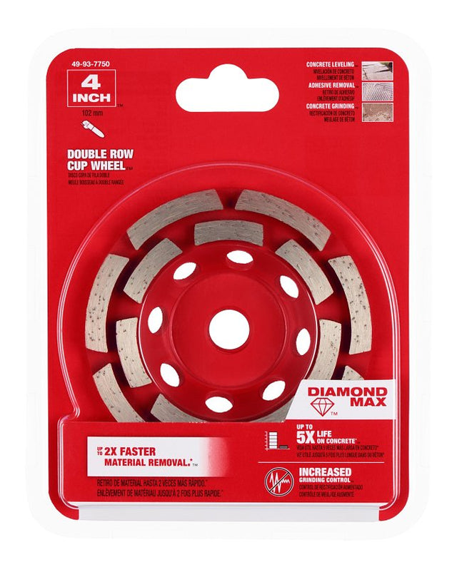 Milwaukee DIAMOND MAX 49-93-7750 Cup Wheel, 4 in Dia, 1 in Thick, 5/8-11 Arbor, Diamond Abrasive