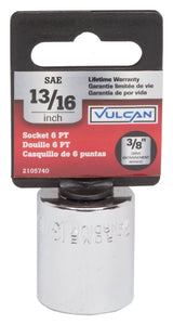 Vulcan MT6495386 Drive Socket, 13/16 in Socket, 3/8 in Drive, 6-Point, Chrome Vanadium Steel, Chrome