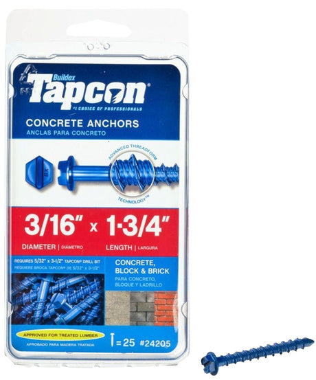 Tapcon 24205 Concrete Screw Anchor, 3/16 in Dia, 1-3/4 in L, Steel, Climaseal, 25/PK