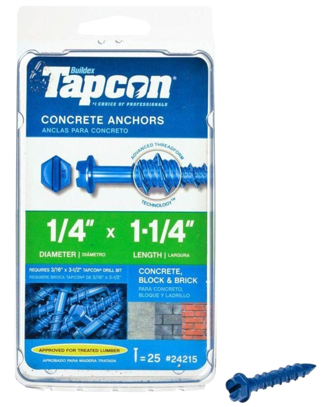 Tapcon 24215 Concrete Screw Anchor, 1/4 in Dia, 1-1/4 in L, Steel, Climaseal, 25/PK
